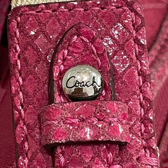 Auth Coach Python Pink Signature Jacquard Lizard Leather Trim Bag 43457 - Picture 11 of 15